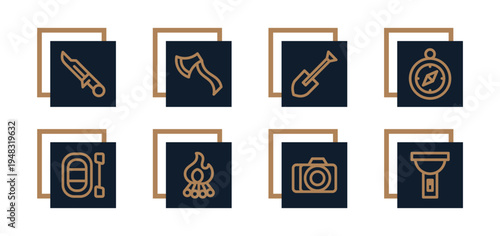 Knife, axe, compass, camera, hiking boots, barbecue grill Icons Pack for Website, Apps and UI Interfaces