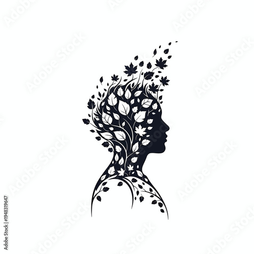 Conceptual silhouette of a woman's mind adorned with vibrant leaves, symbolizing growth, harmony with nature, and inner peace