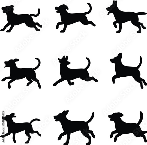 Nine black silhouette dogs running in different poses desi