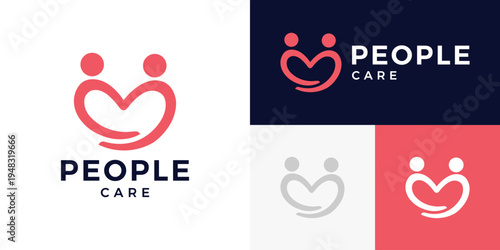 Simple people care logo design. People family together human unity logo and heart love design graphic vector illustration. Symbol, icon, creative.