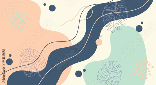 Abstract organic shapes background with tropical leaves and pastel colors