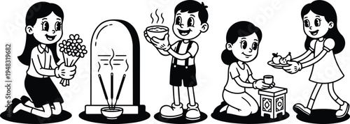 Retro cartoon vector children offering flowers incense and food at tombstone kneeling smiling boy holding bowl girl carrying fruit plate