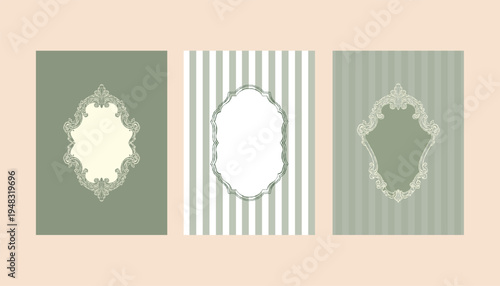 Vintage green set of postcard templates with Baroque and Rococo frames and space for text. Classic frames with hand-drawn swirls. Whimsical Victorian-style striped posters for wedding invitations and