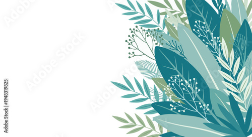 Stylish green and teal plant leaves and branches on white background