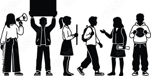 Silhouette vector flat design profile view students protesting holding signs megaphone backpack and diploma walking in line schoolyard daytime bold