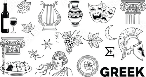 Cad drawing flat vector illustration of Ancient Greek icons featuring spartan helmet, lyre, amphora, column, theater masks, wine, and goddess.