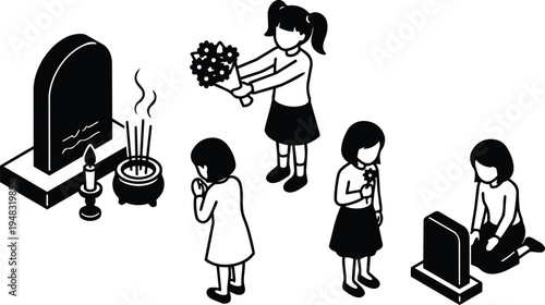 Isometric vector scene of children placing flowers and incense kneeling and bowing at gravestones close up low angle memorial calm minimal
