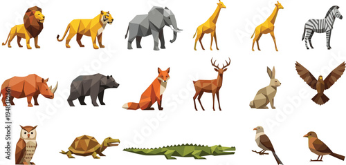 Low Poly Wild Animals Vector Illustration Set Featuring Lion, Elephant, Giraffe, Zebra, Bear, Fox, Deer, Eagle, Owl, Crocodile, and Other Wildlife Species.