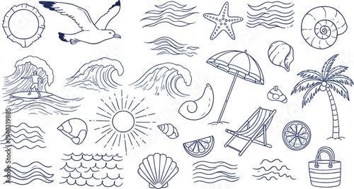 Cad drawing flat vector illustration of beach and surf icons featuring surfer, waves, palm tree, seagull, seashells, sun, and chair.