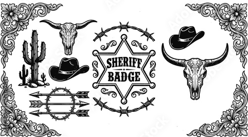 Wild west vintage elements set, sheriff badge cowboy hat bull skull cactus arrows western decorative vector illustration collection