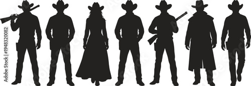 Wild west cowboy silhouettes set, gunslinger sheriff outlaw characters standing with rifles hats vintage western vector illustration collection