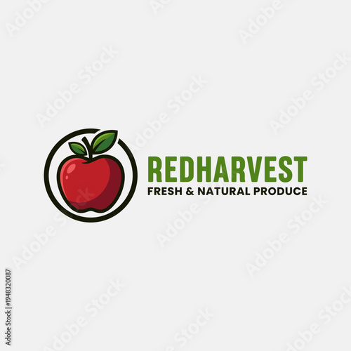 A minimalistic logo design featuring a vibrant red apple with green leaves, symbolizing freshness and natural produce for a brand called RedHarvest, ensuring quality.