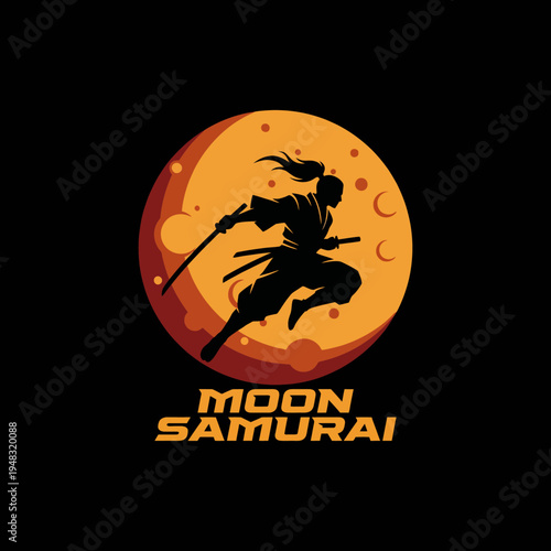 An impressive silhouette of a ninja samurai against a moonlit sky, representing stealth, tradition and valor. Perfect for brands centered around martial arts or Japanese culture.
