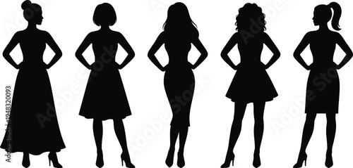 Women silhouette set female standing poses fashion girl figures elegant lady body shapes vector illustration collection design