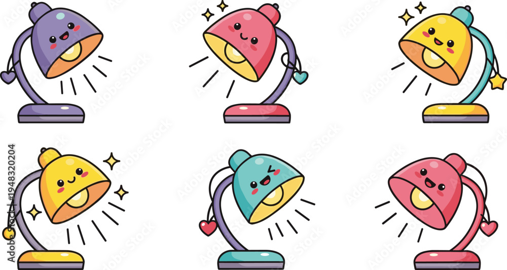Fototapeta premium Kawaii Cartoon Desk Lamp Set with Different Expressions and Colors for Cute Home Decor and Study Themes
