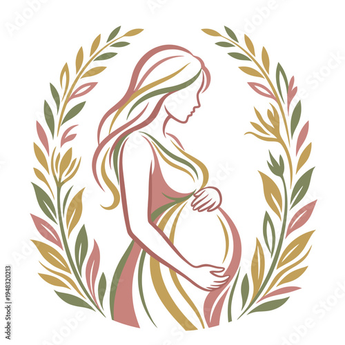 A graceful logo illustrating a pregnant woman, surrounded by leafy elements, symbolizing motherhood, fertility, and nurturing in an elegant and artistic style.