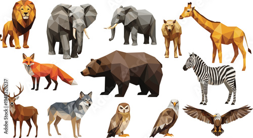 Low Poly Wildlife Animals Vector Illustration Set Featuring Lion, Elephant, Fox, Giraffe, Bear, Zebra, Wolf, Deer, Owl, and Eagle in Geometric Style.