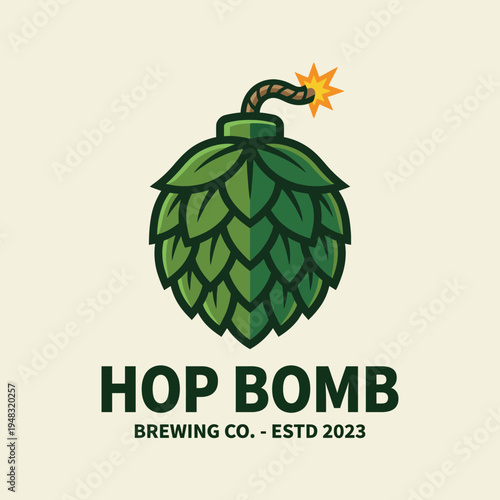 This logo features a hop cone styled as a bomb, representing explosive flavors and creativity in brewing, perfect for a craft beer brand.