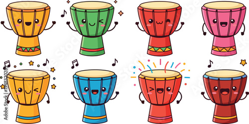 Kawaii Cartoon Drums with Smiling Faces, Colorful Drums, and Musical Notes for Fun and Playful Music Designs.