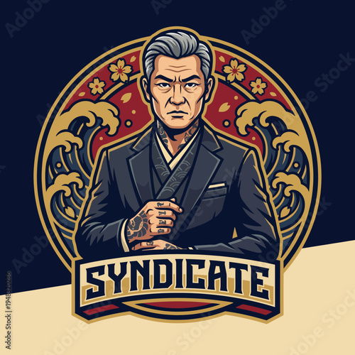 This striking illustration features a tattooed man in a formal suit, embodying a fusion of elegance and rebellion, ideal for branding relating to lifestyle or urban culture.