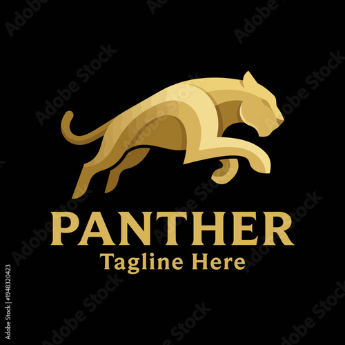 A sleek golden panther logo design with a dynamic posture, perfect for branding a business in sports, luxury goods, or lifestyle sectors, capturing strength and agility.
