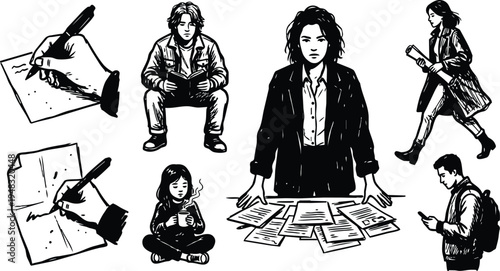 Minimalist black ink vector woman standing over scattered documents hands on table looking determined editorial scene quarter view contrast