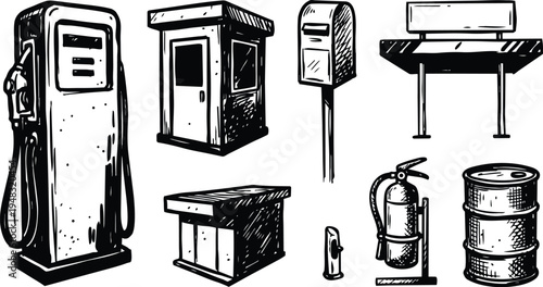 Ink sketch gas station equipment set with vintage fuel pump kiosk canopy island fire extinguisher oil barrel detailed close up
