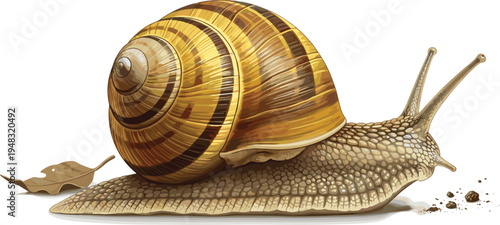 Realistic Snail Illustration with Detailed Spiral Shell and Natural Texture for Wildlife and Nature Designs.