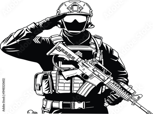 Military Soldier Saluting with Assault Rifle and Tactical Gear for Armed Forces and Patriotic Designs.