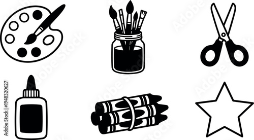 Black and white vector art icons set including paint palette with brush paintbrushes in jar scissors glue bottle crayons bundle and star shape symbols