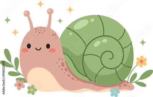 Adorable Kawaii Snail with Green Shell, Flowers, and Sparkles for Playful Nature and Eco-Friendly Designs.