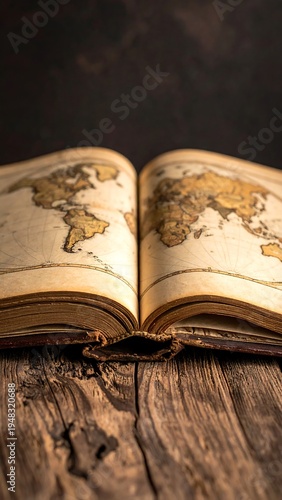 Antique open book displaying a world map, resting on weathered wood grain against a dark brown background