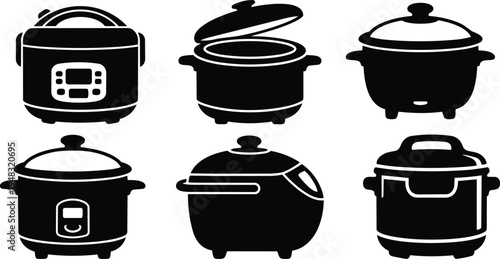 Flat design set of six rice cooker and multi cooker icons view varied lids handles close up kitchen appliance silhouettes