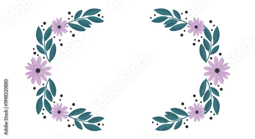 Decorative floral frame with purple flowers, green leaves, and black dots