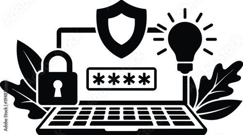 Flat design close up laptop with password field and shield padlock lightbulb and decorative leaves in silhouette security concept icon