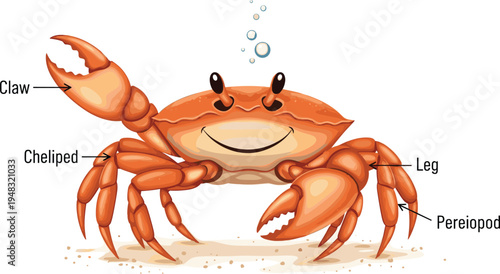 Detailed Crab Illustration with Labeled Body Parts for Educational Marine Biology and Ocean Life Studies.