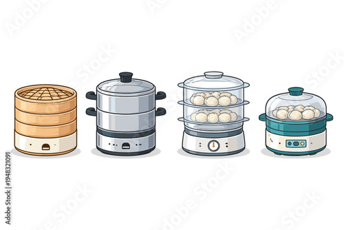 Collection of four different steaming appliances for cooking food with steam
