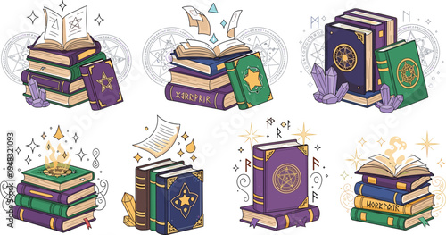 Magic spell books fantasy illustration set with mystical grimoires crystals runes enchanted library and wizard magic concept