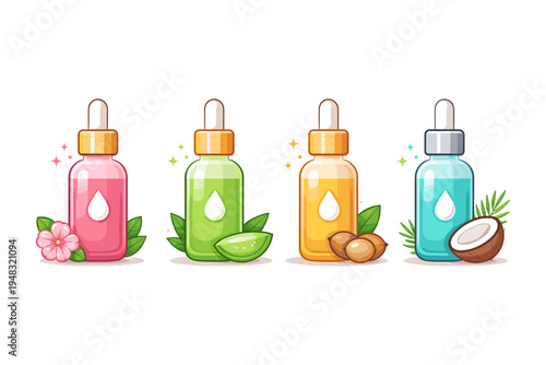 Collection of colorful cosmetic dropper bottles with natural ingredients and sparkling effects