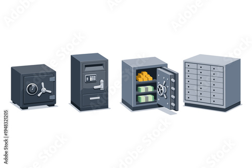 Collection of various safes and deposit boxes for secure storage of valuables