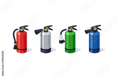 Collection of four colorful fire extinguishers in isometric view on white background