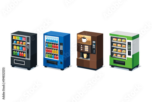 Collection of four different types of vending machines on a white background