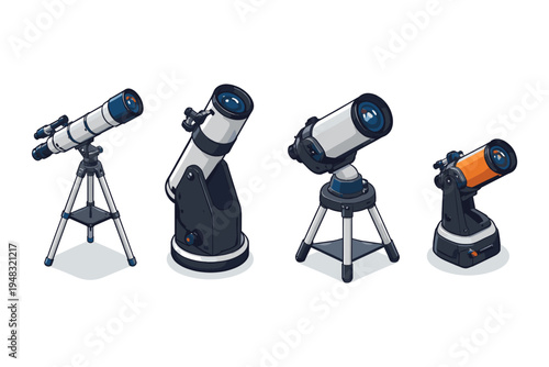 Collection of four different types of telescopes on a white background