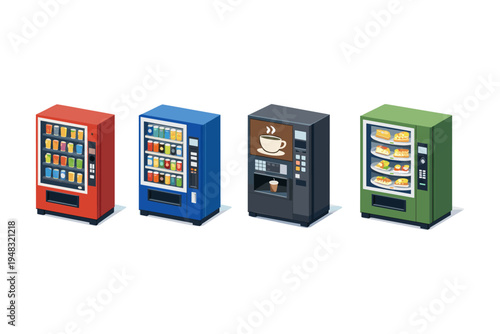 Variety of colorful vending machines with drinks, snacks, and coffee options
