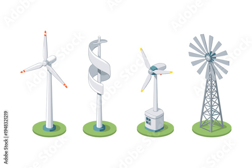 Collection of four different wind turbines in isometric view on a white background
