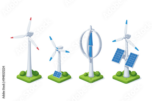 Collection of isometric wind turbines and solar panels on green grassy platforms