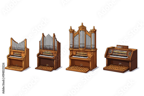 Collection of four different pipe organs, showcasing evolution from classic to modern designs