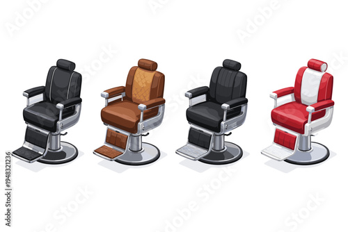 Collection of four vintage barber chairs in different colors and styles