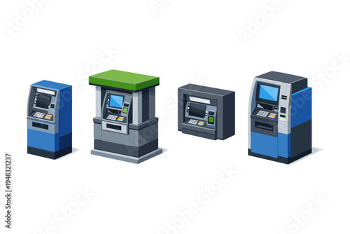 Collection of four different isometric ATM machines on a white background