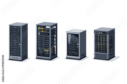 Row of server racks with various electronic equipment and networking hardware